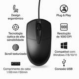 Mouse Óptico USB Preto com 1000DPI Conexão Plug e Play e Design Ergonômico Office